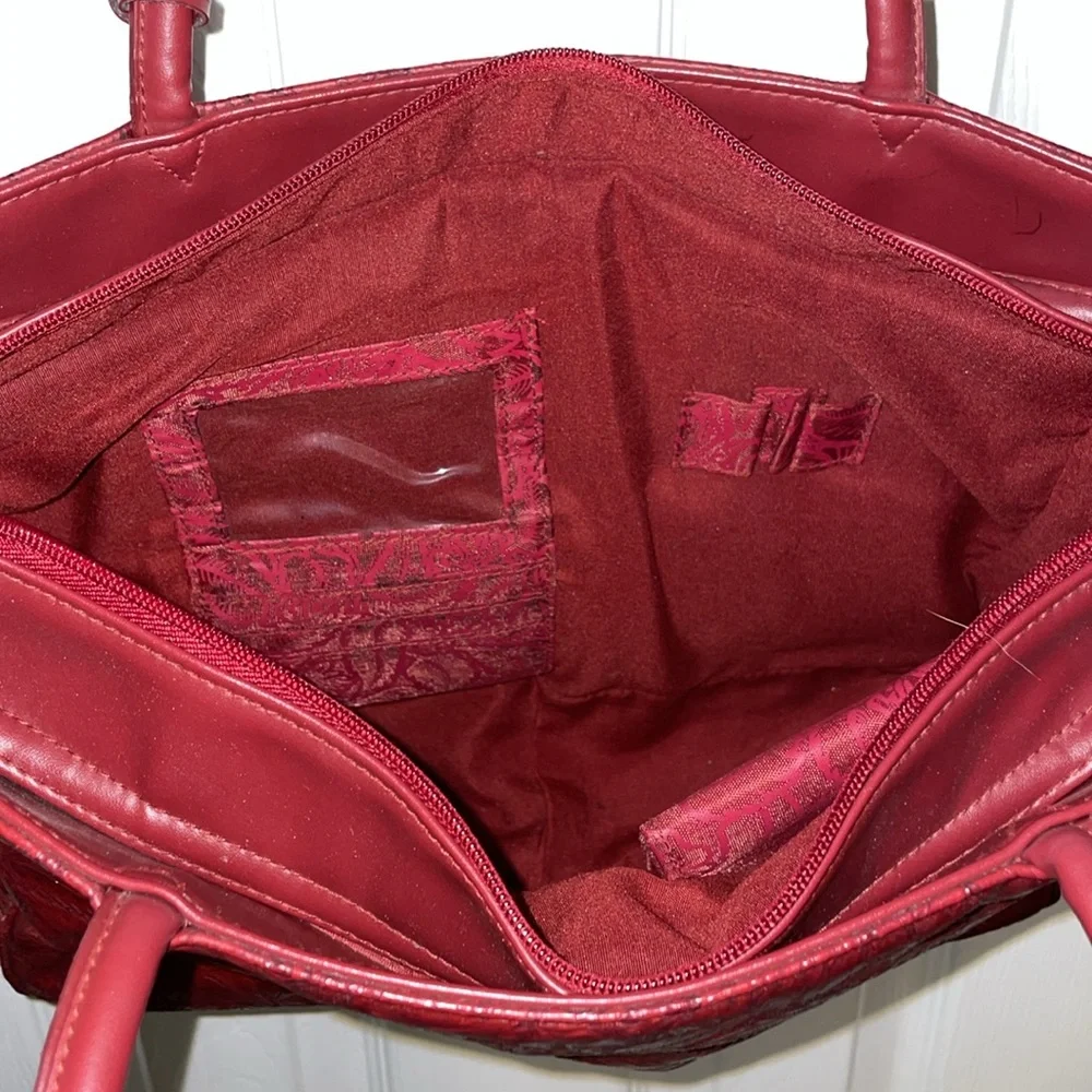 BUENO Red Tooled leather Tote Bag with Front and Back Full Pockets - Picture 8 of 10
